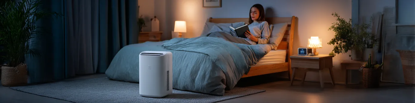 Climatiseur mobile ultra-silencieux dans une chambre à coucher assurant une nuit fraîche et paisible