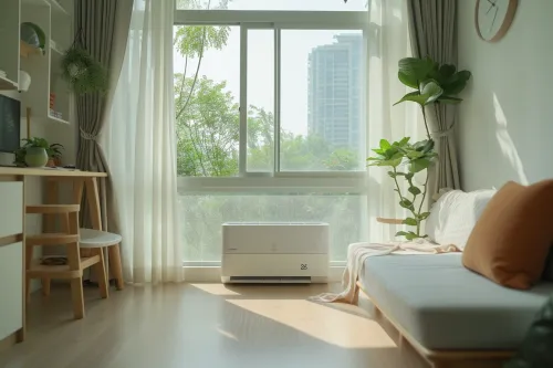 Climatiseur mobile compact installé dans un petit studio, offrant une solution rafraîchissante pour espaces restreints
