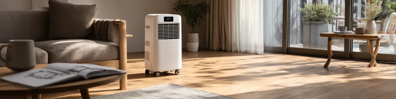 Climatisation mobile Inverter en fonctionnement dans un salon, affichant sa technologie économique et silencieuse