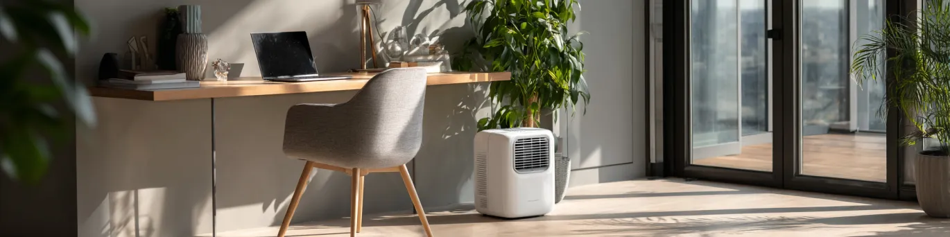 Climatiseur mobile silencieux rafraîchissant un espace de bureau avec une personne travaillant confortablement