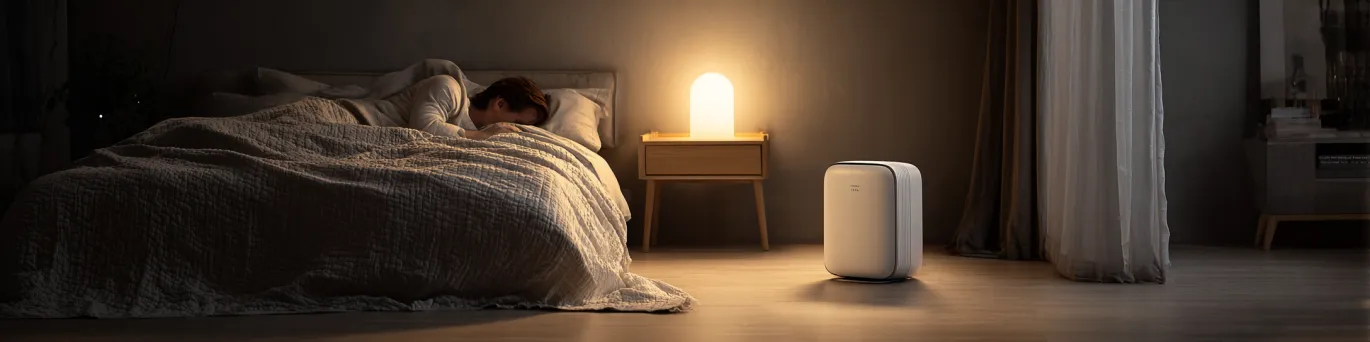 Climatiseur mobile en mode nuit dans une chambre sombre, fonctionnant silencieusement pendant que la personne dort paisiblement