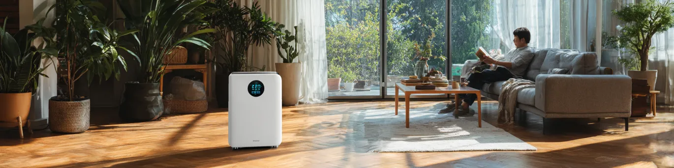 Climatiseur mobile inverter silencieux en fonctionnement dans un salon, diffusant un air frais sans bruit gênant