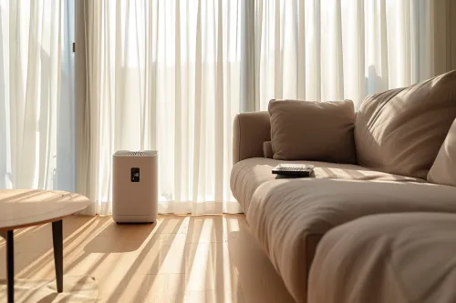 Une climatisation mobile silencieuse moderne en fonctionnement dans un salon, avec indicateur de niveau sonore réduit.
