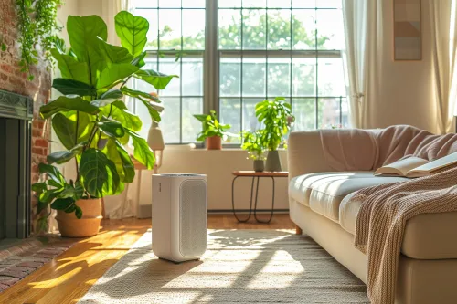 Climatiseur mobile à technologie silencieuse en fonctionnement dans un salon, montrant son système de refroidissement interne