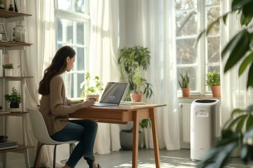Climatiseur mobile compact et silencieux fonctionnant dans un salon, idéal pour un confort thermique sans nuisance sonore