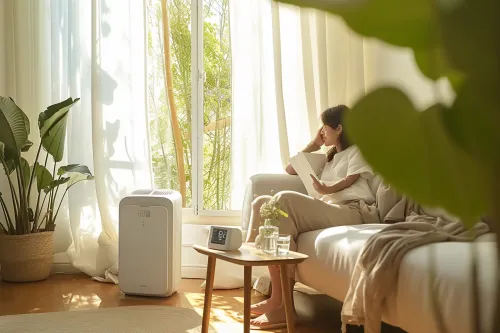 Mesure des décibels d'un climatiseur mobile en fonctionnement dans un salon avec échelle sonore visible