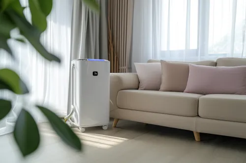 Climatisation mobile moderne en fonctionnement avec ses composants visibles : compresseur, évaporateur et ventilateur