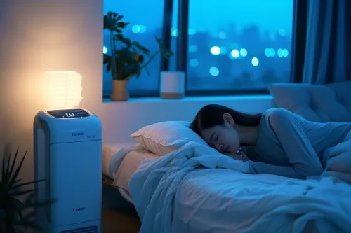 Climatisation mobile en fonctionnement avec indication des zones émettant du bruit comme le compresseur et le ventilateur