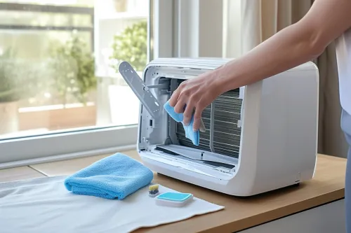 Nettoyage du bac à condensats d'une climatisation avec brosse et solution désinfectante pour éviter moisissures