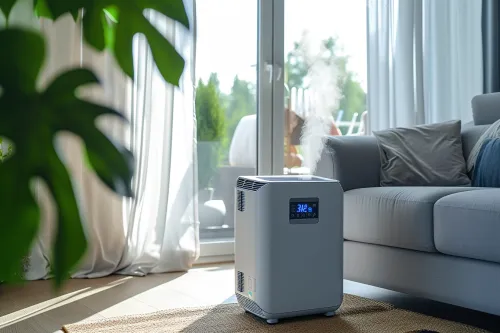 Climatiseur mobile sans évacuation en fonctionnement dans un salon, solution rafraîchissante autonome