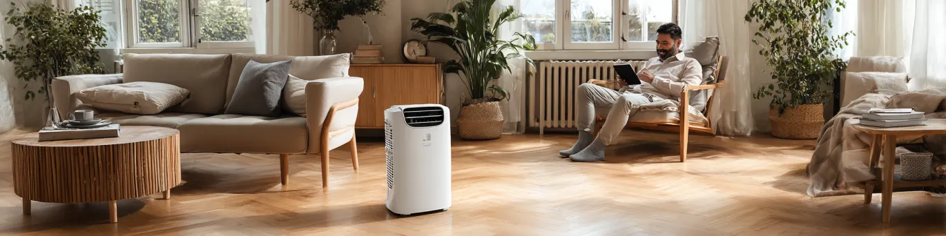 Climatiseur mobile silencieux avec indication de puissance optimale en BTU pour différentes surfaces d'habitation
