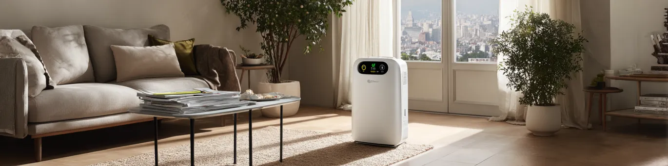Climatiseur mobile A+++ économique et silencieux en fonctionnement dans un salon moderne avec indicateur de consommation énergétique