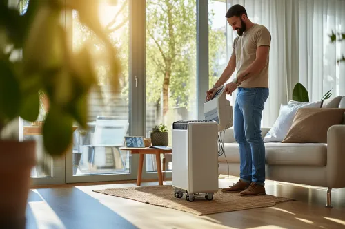 Climatiseur mobile inverter en fonctionnement dans un salon avec affichage de la température et télécommande