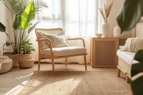 Climatiseur élégamment intégré dans un salon moderne, parfaitement camouflé derrière un panneau décoratif assorti