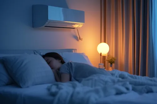 Climatiseur silencieux favorisant un sommeil profond dans une chambre paisible et fraîche pendant la nuit d'été