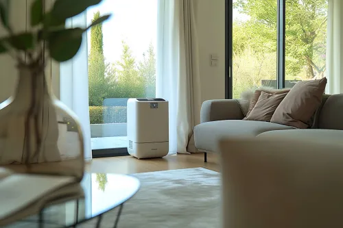 Climatiseur mobile Olimpia Splendid Dolceclima Silent 12 en fonctionnement dans un salon moderne