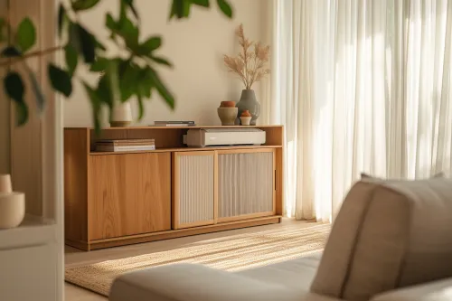 Meuble design cache-climatiseur multifonction avec rangements intégrés pour salon moderne et esthétique