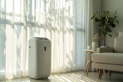 Climatiseur mobile compact installé dans un studio, parfait pour rafraîchir un petit espace sans encombrement