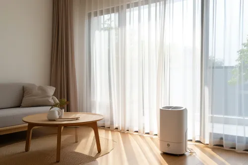 Climatiseur mobile mal positionné près d'une fenêtre ensoleillée, réduisant son efficacité énergétique