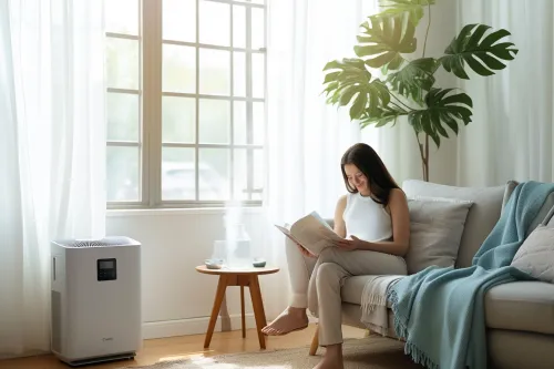 Climatiseur mobile silencieux compact dans un salon moderne offrant fraîcheur et tranquillité pour un confort optimal
