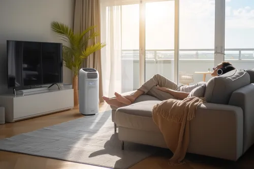 Climatiseur mobile silencieux rafraîchissant un salon pendant l'été, offrant un environnement paisible et confortable