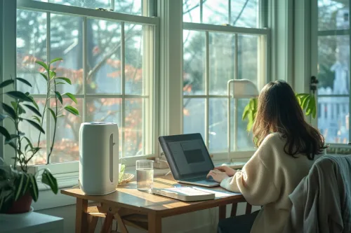Climatisation mobile silencieuse en fonctionnement dans un bureau moderne, apportant confort sans nuisances sonores