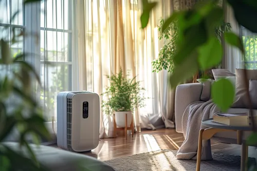 Climatisation mobile compacte et silencieuse dans un salon lumineux assurant confort thermique sans nuisances sonores