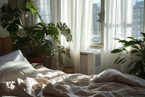 Climatisation mobile compacte et silencieuse rafraîchissant un studio avec une personne qui se détend