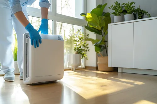 Nettoyage d'un climatiseur mobile avec filtre retiré montrant l'accumulation de poussière, essentiel pour l'entretien